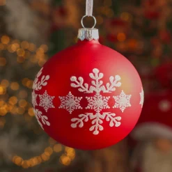 Lot de 6 boules de Noël en verre (D80 mm) Flocon de neige Rouge