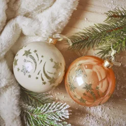 Lot de 6 boules de Noël en verre (D80 mm) Étoiles filantes Pêche et blanc