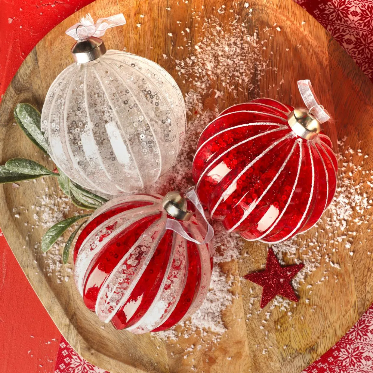 Lot de 12 boules de Noël en verre (D100 mm) Sequins festifs Argent et rouge