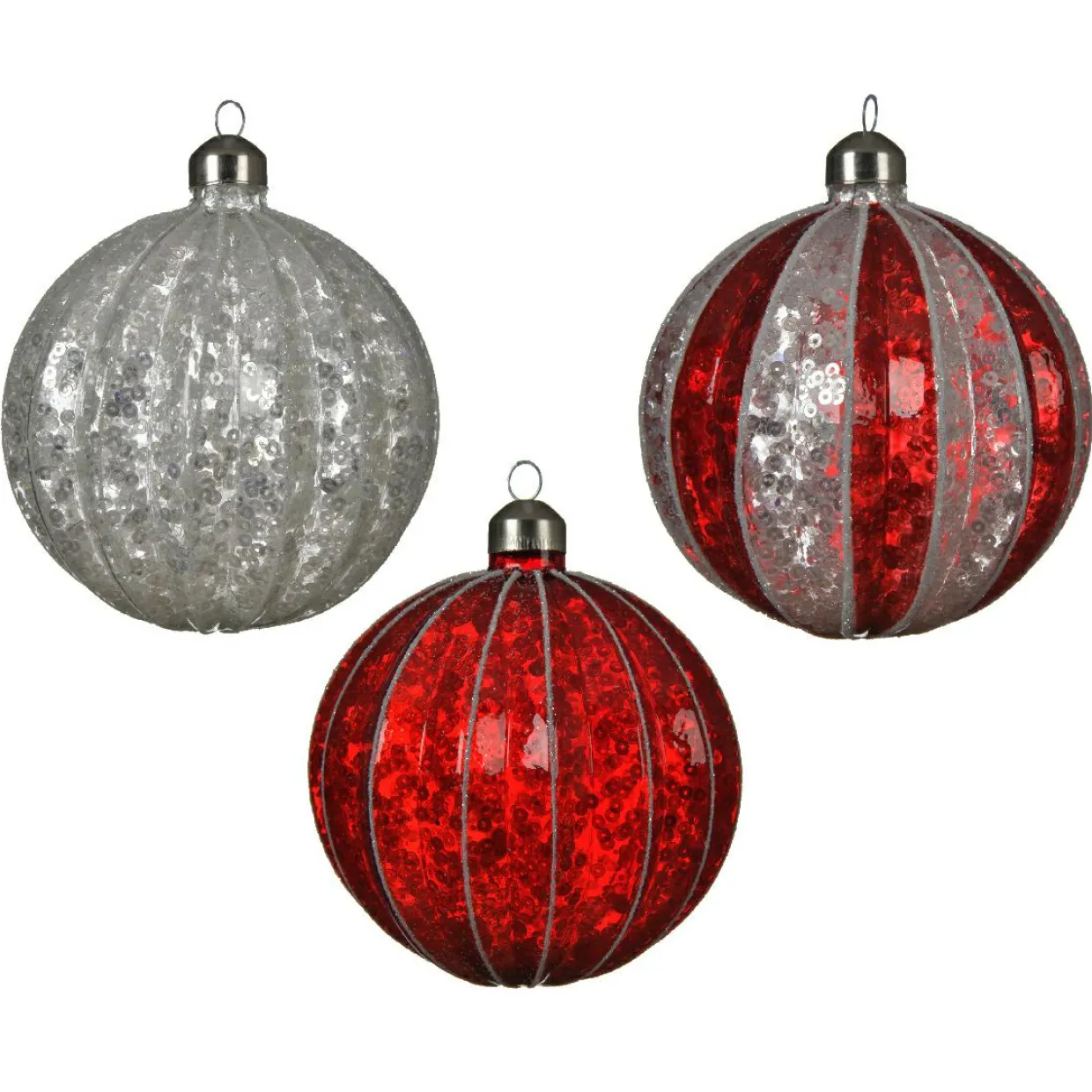 Lot de 12 boules de Noël en verre (D100 mm) Sequins festifs Argent et rouge
