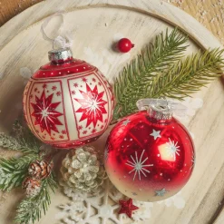 Lot de 12 boules de Noël en verre (D80 mm) Meribel Rouge pailleté argent