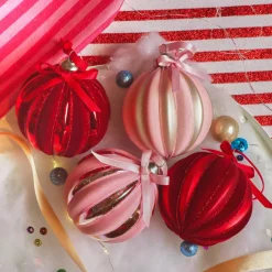 Lot de 12 boules de Noël en verre (D80 mm) Velours et noeud Rouge et rose