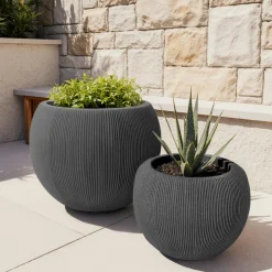 Lot de 2 cache-pots d'extérieur ronds (H41-30 cm) Lennox strié Gris anthracite
