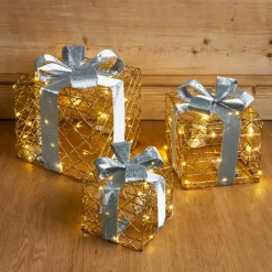 Lot de 3 cadeaux lumineux à piles 90 LED (H29 cm) Festif Or et blanc chaud