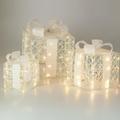 Lot de 3 cadeaux lumineux à piles 90 LED (H20 cm) Lumière d'hiver Blanc chaud