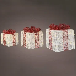 Lot de 3 cadeaux lumineux 65 LED (H25 cm) Santa blanc et Blanc chaud