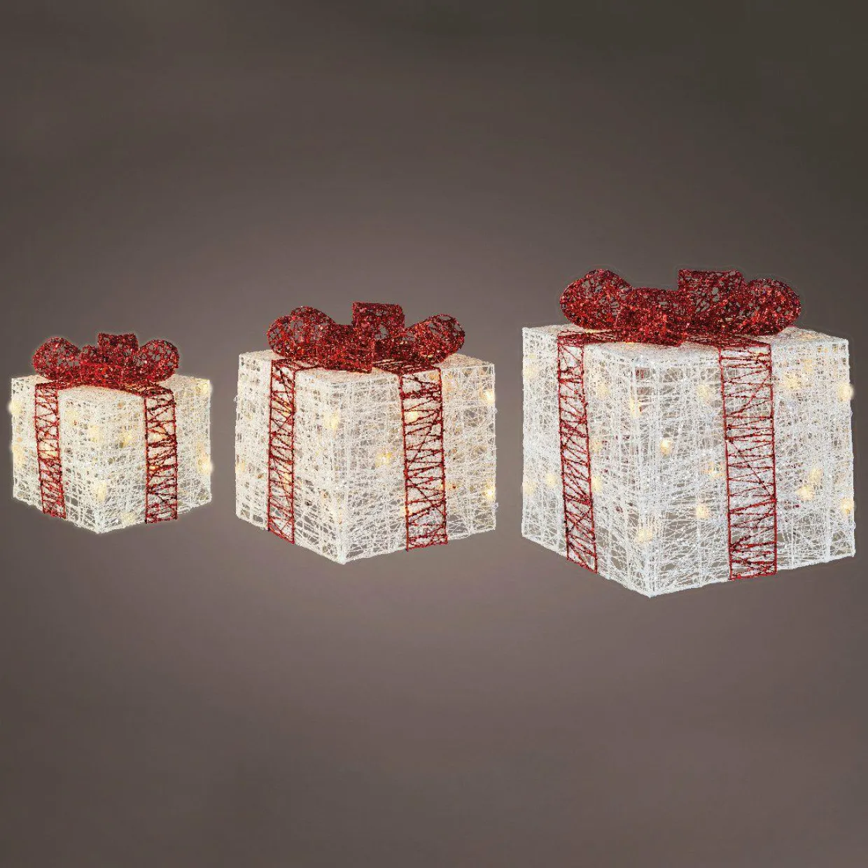 Lot de 3 cadeaux lumineux 65 LED (H25 cm) Santa blanc et Blanc chaud