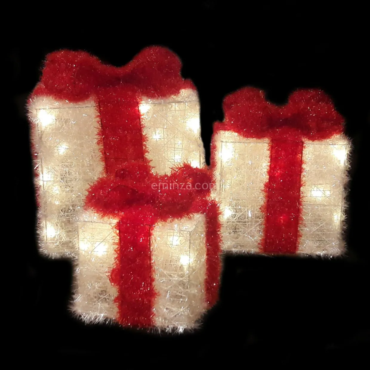 Lot de 3 cadeaux lumineux à piles 65 LED (H30 cm) Ruban Rouge et Blanc chaud