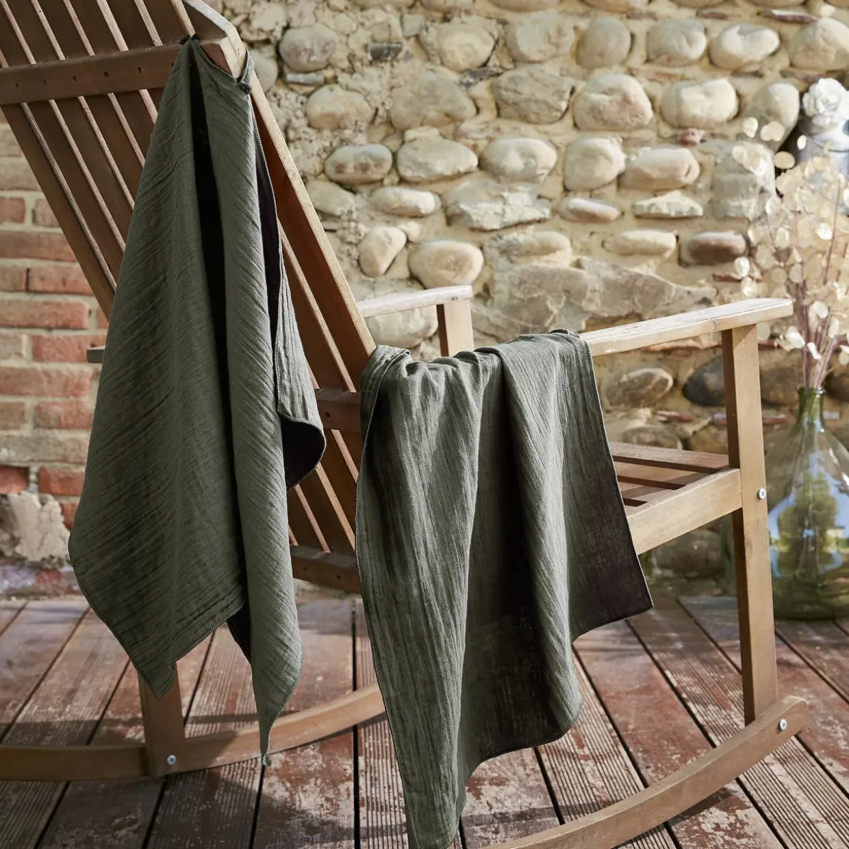 Lot de 2 essuie-mains gaze de coton (70 cm) Gaïa Vert romarin