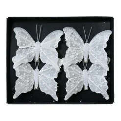 Lot de 4 Papillons sur pince (H8 cm) Éclats et perles Blanc d'hiver