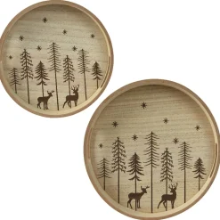 Lot de 2 plateaux ronds en bois (D34-D29 cm) Sapins de Noël