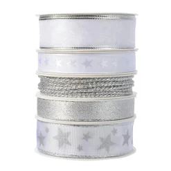 Lot de 5 rubans de Noël 3 m - Satin et étoiles Argent