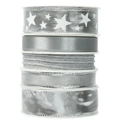 Lot de 5 rubans de Noël 3 m - Satin et étoiles Argent métalisé
