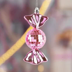 Lot de 3 suspensions de Noël (H12 cm) Bonbons disco Rose