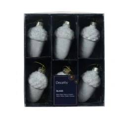 Lot de 6 suspensions de Noël en verre (H6 cm) Glands de chêne Blanc givré