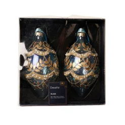 Lot de 2 suspensions de Noël en verre (H14 cm) Feuillages d'hiver Bleu