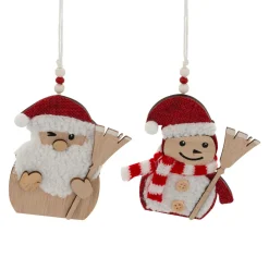 Lot de 2 suspensions en bois (H12 cm) Balais de Noël Naturel et Rouge