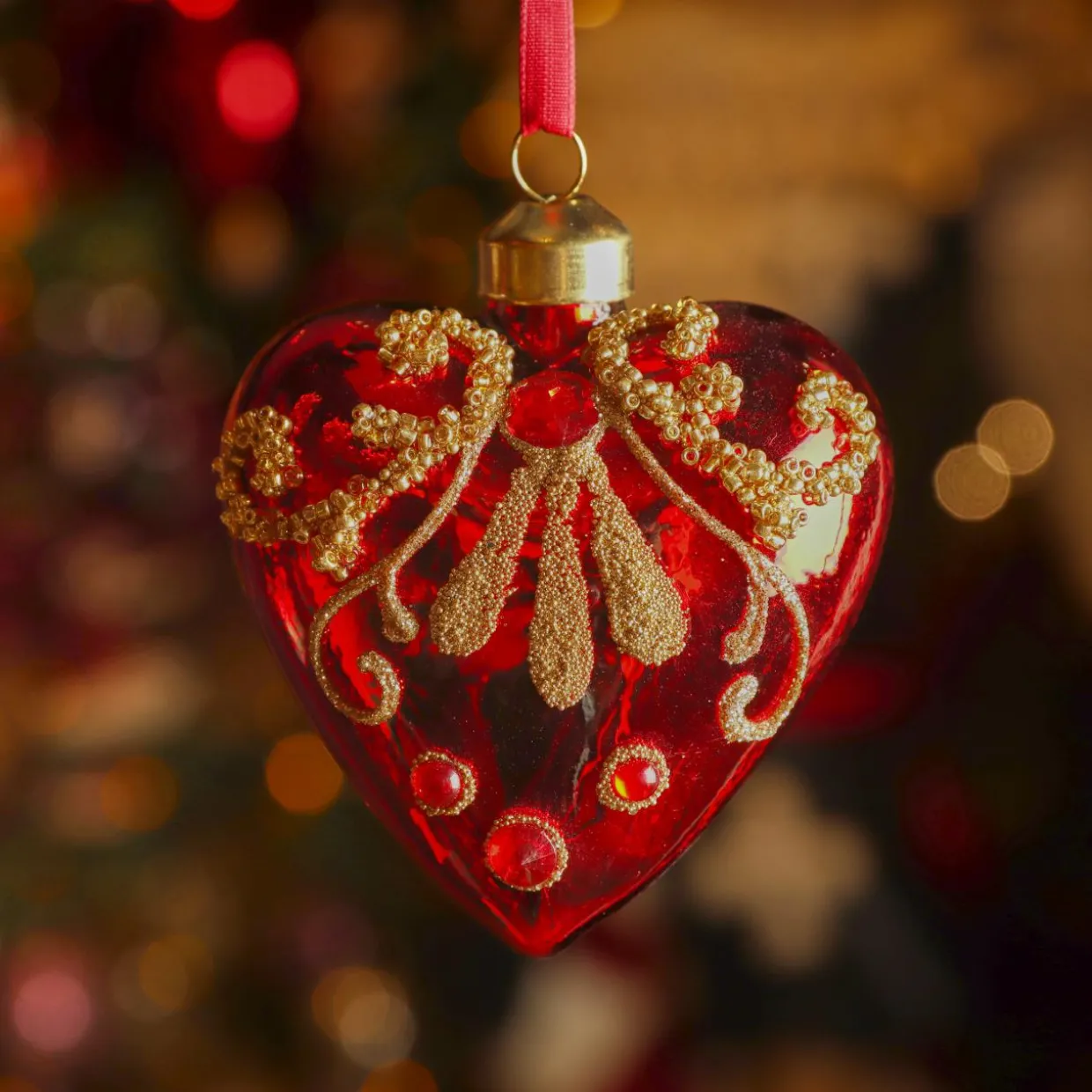 Lot de 2 suspensions en verre (H8 cm) Coeurs précieux Rouge pailleté or