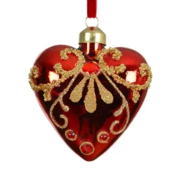 Lot de 2 suspensions en verre (H8 cm) Coeurs précieux Rouge pailleté or