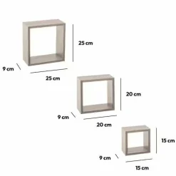 Lot de 3 étagères bois (H15-20-25 cm) Cube Gris