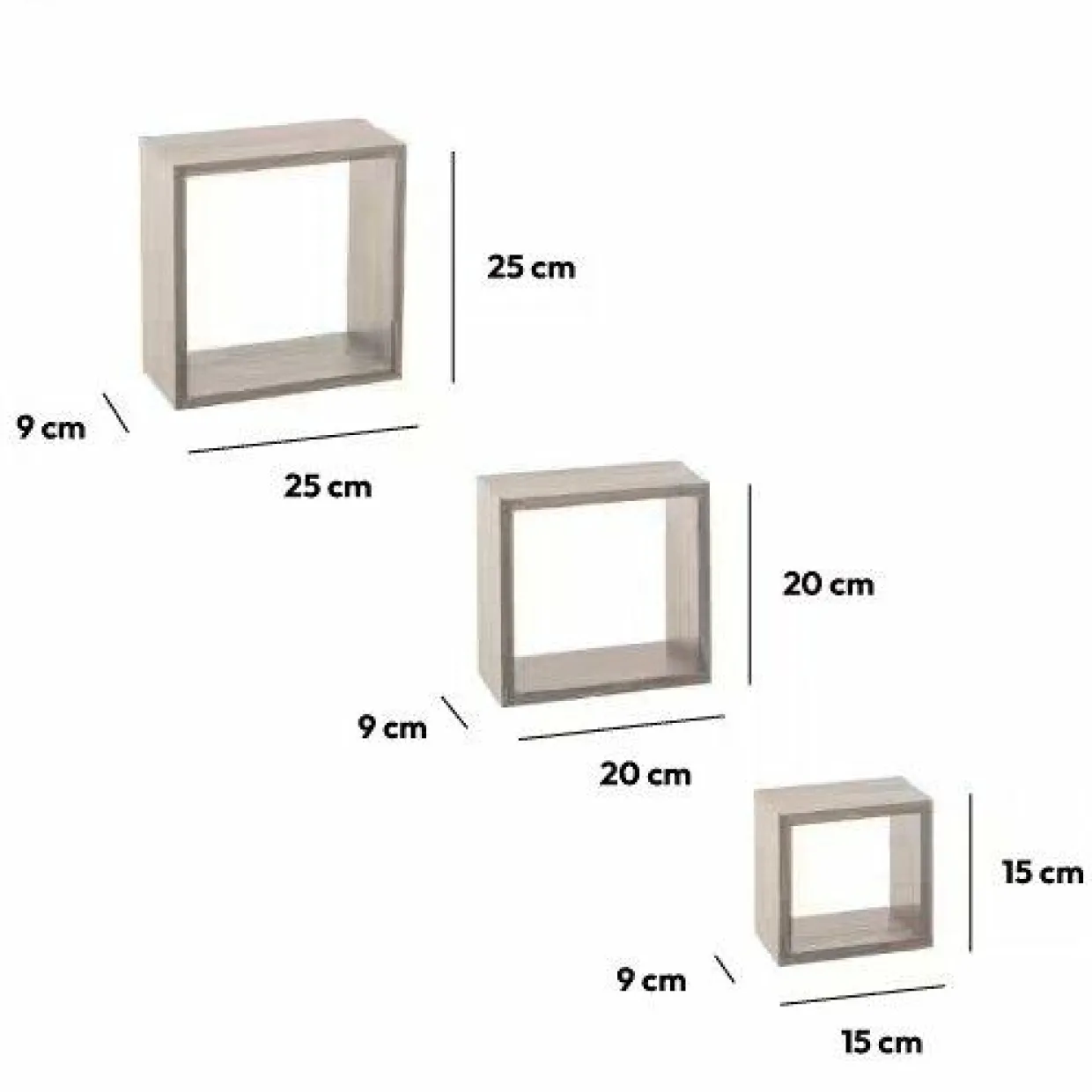 Lot de 3 étagères bois (H15-20-25 cm) Cube Gris