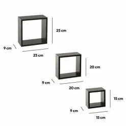 Lot de 3 étagères bois (H15-20-25 cm) Cube Noir