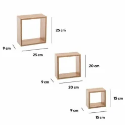 Lot de 3 étagères bois (H15-20-25 cm) Cube Naturel