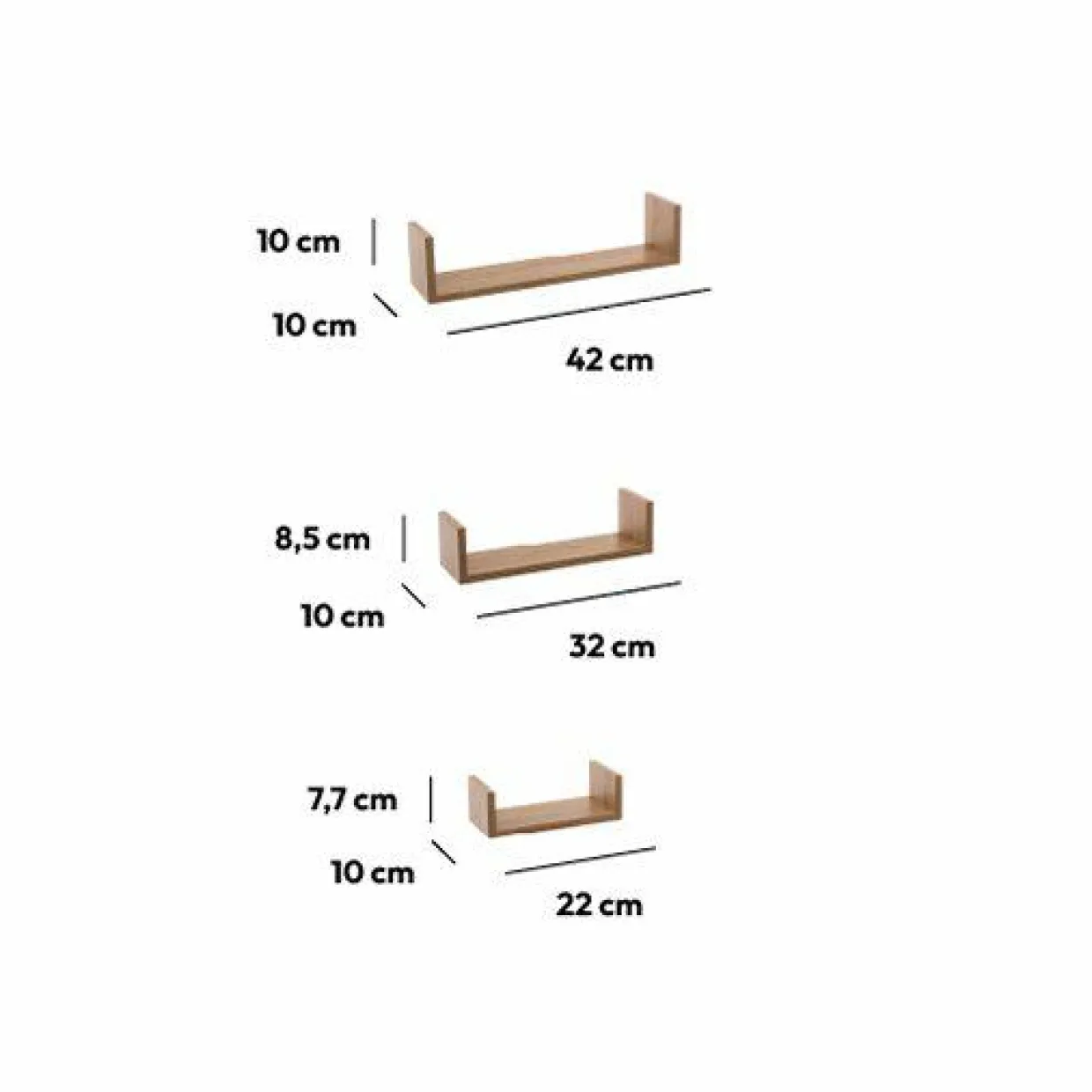Lot de 3 étagères murales en bois (L22-32-42 cm) Bord Naturel