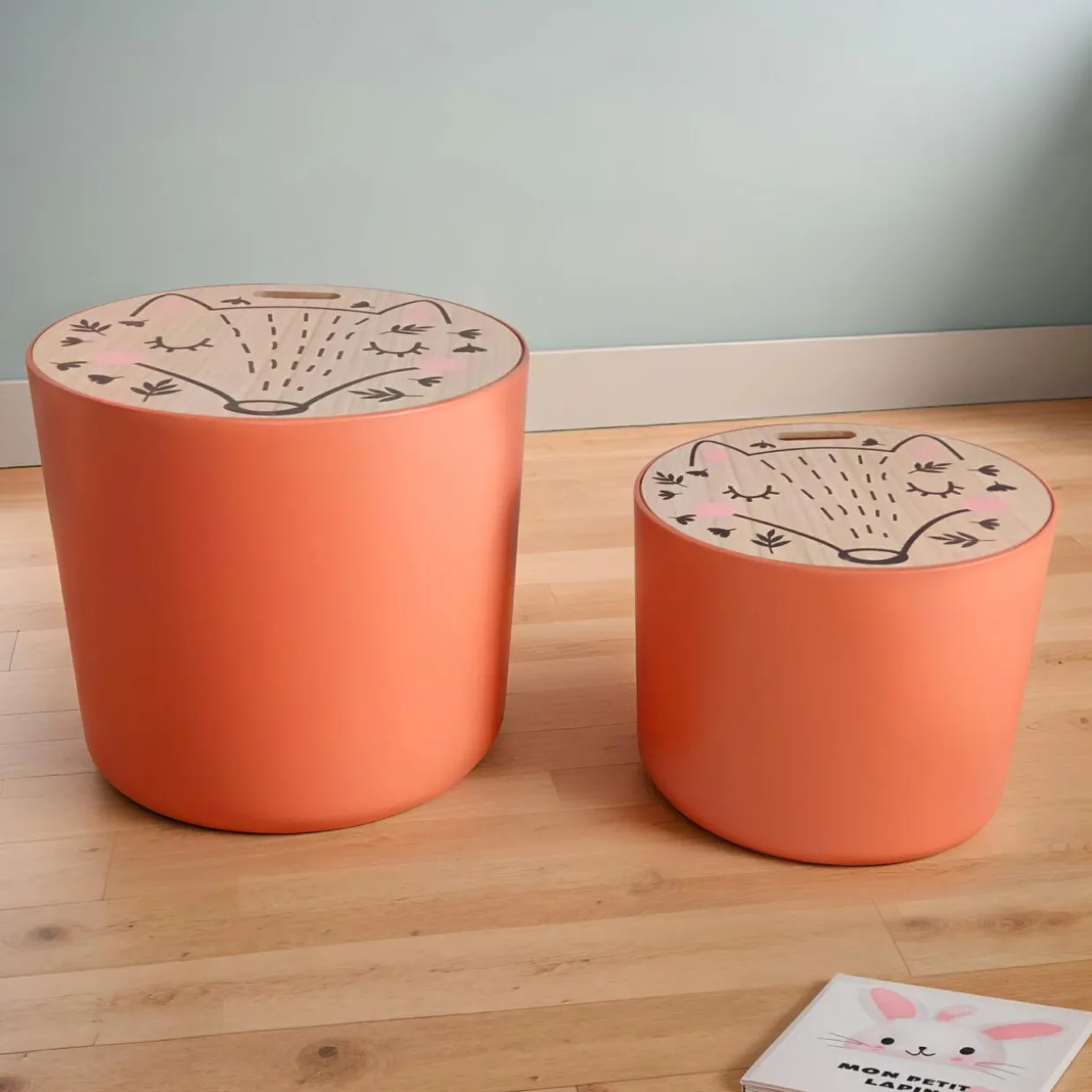 Lots de 2 poufs de rangement gigognes enfant bois (H31 et 24 cm) Renardeau Terracotta
