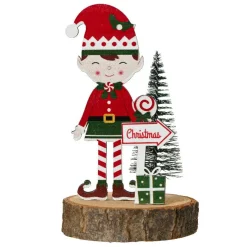 Lutin en bois sur Tronc en bois (H13 cm) Quentin Multicolore