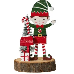 Lutin en bois sur Tronc en bois (H13 cm) Albert Multicolore