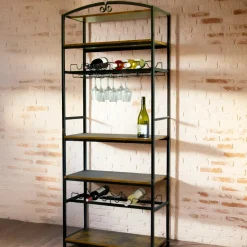 Meuble range-bouteilles industriel 12 emplacements et porte-verres (H180 cm) Pablo Marron