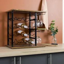 Meuble range-bouteilles industriel 12 emplacements et porte-verres (H50 cm) Arthur Noir