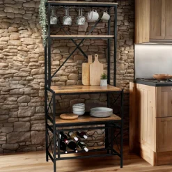 Meuble range-bouteilles industriel 10 emplacements et porte-verres (H178 cm) Léon Marron