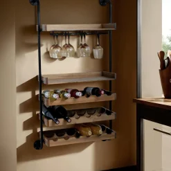 Meuble range-bouteilles mural bois et métal 18 emplacements et porte-verres (H120 cm) Isaac Marron