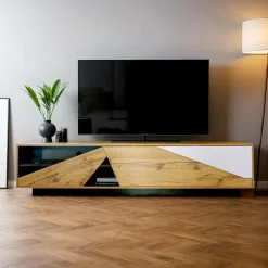Meuble TV en bois design (L180 x 40 cm) Alabama Blanc, noir et naturel