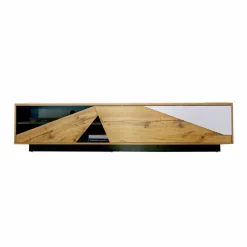Meuble TV en bois design (L180 x 40 cm) Alabama Blanc, noir et naturel