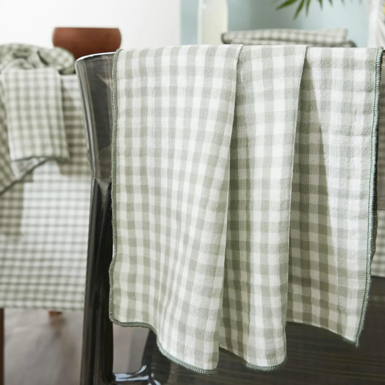 Nappe rectangulaire gaze de coton (150 x 250 cm) Gaïa vichy Vert eucalyptus