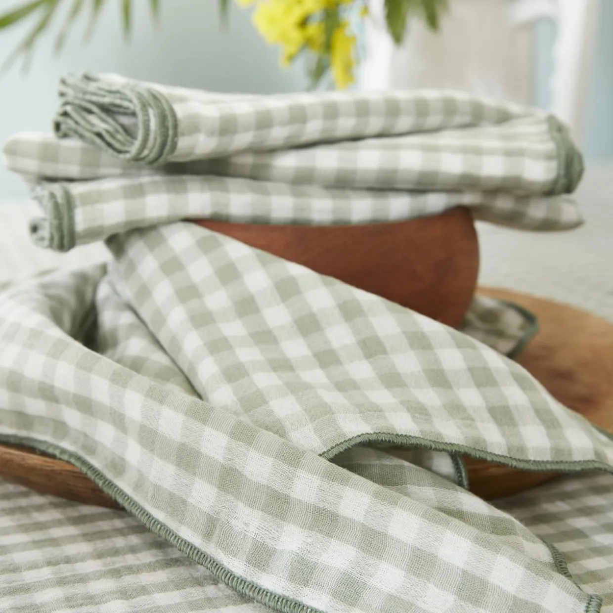 Nappe rectangulaire gaze de coton (150 x 250 cm) Gaïa vichy Vert eucalyptus