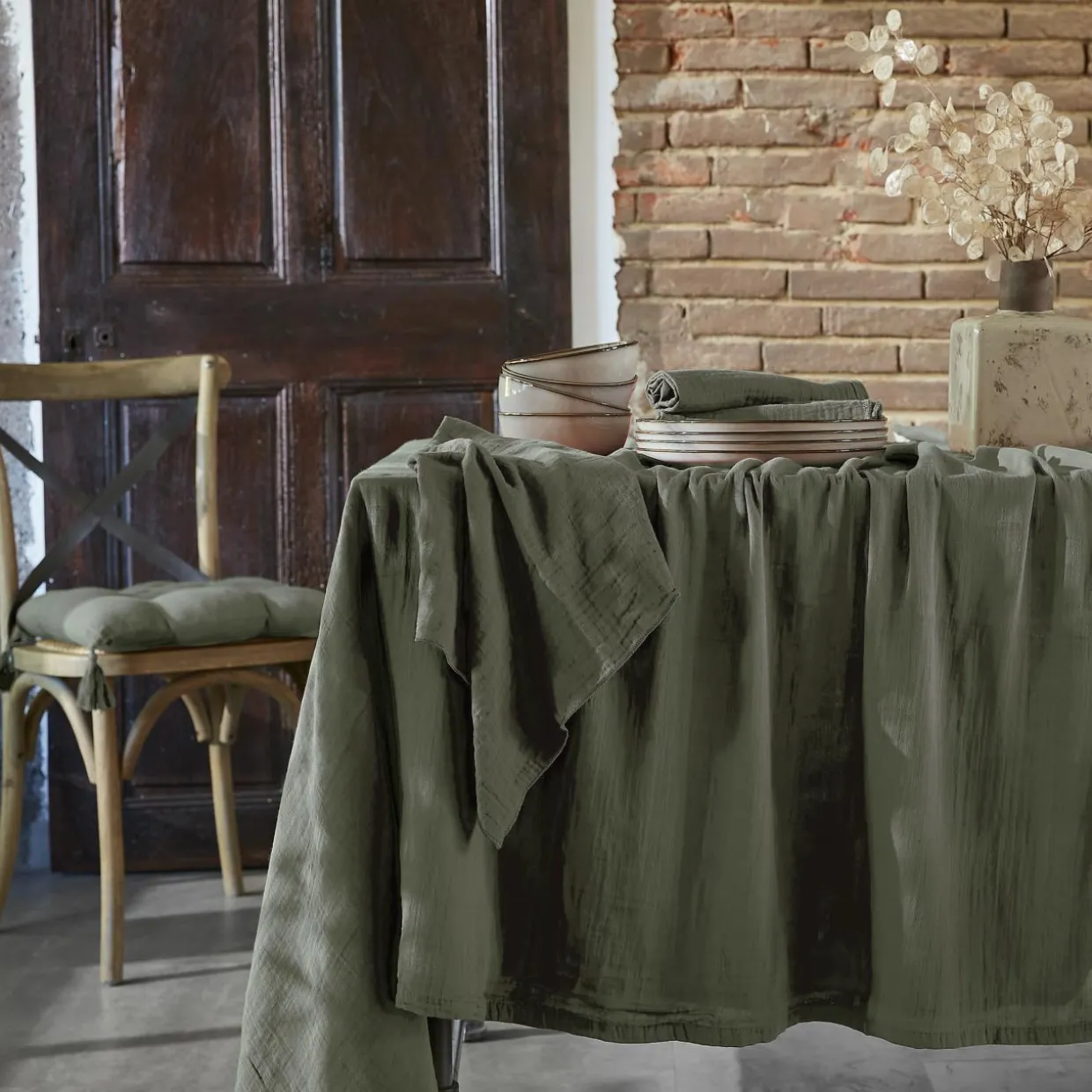 Nappe rectangulaire gaze de coton (150 x 250 cm) Gaïa Vert romarin