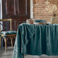 Nappe rectangulaire gaze de coton (150 x 350 cm) Gaïa Bleu canard