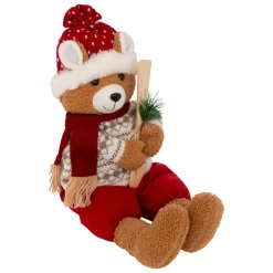 Ours peluche assis (H50 cm) Petit Skieur Brun et rouge