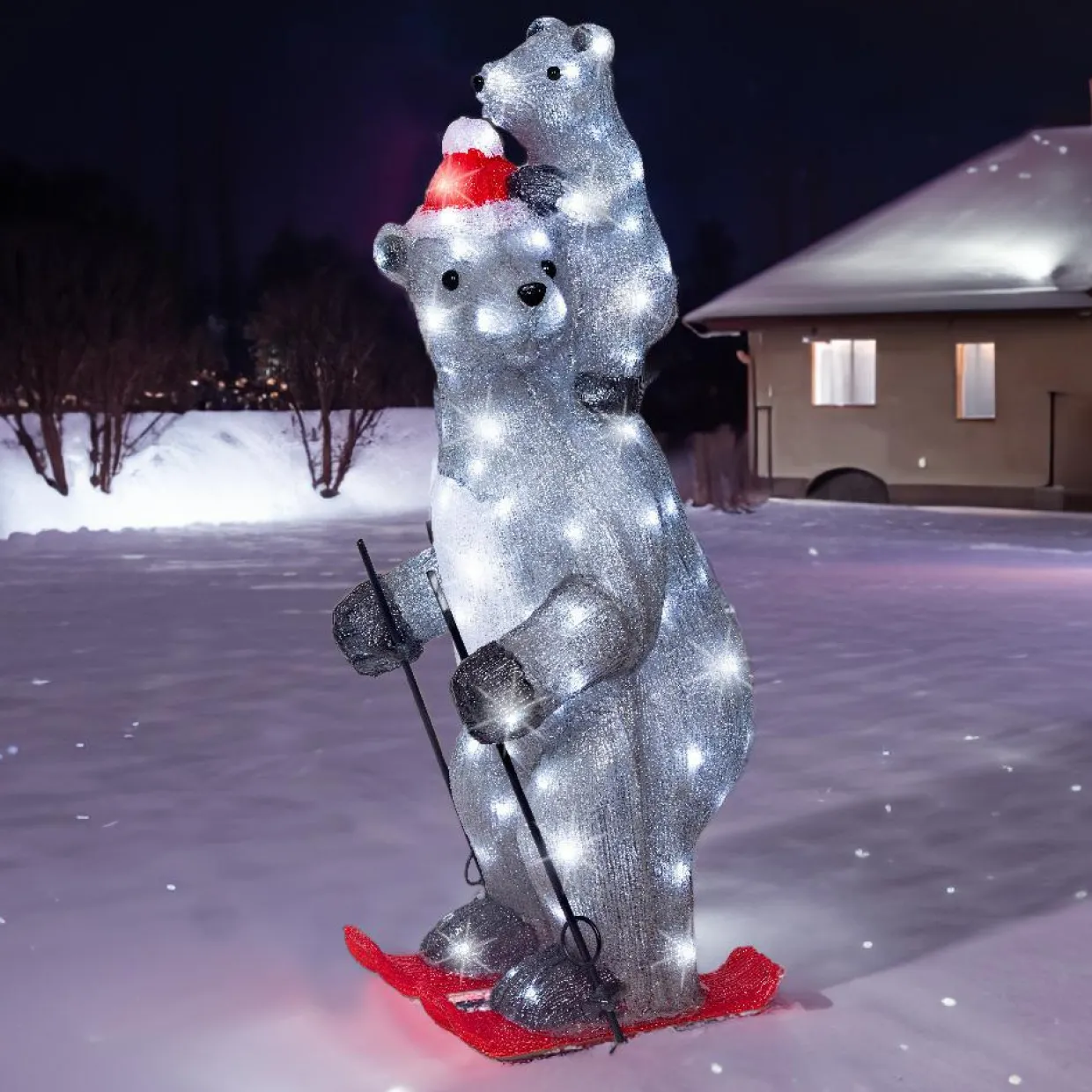 Ours polaires lumineux 100 LED (H69 cm) Grizzly en ski Gris et blanc froid