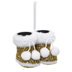 Paire de bottes de Noël à suspendre (H9 cm) Pompons Or