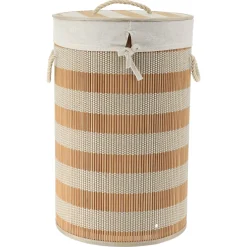 Panier à linge rond et pliable (H55 cm) Bambou Naturel et beige