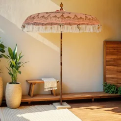 Parasol de jardin rond à franges (D2 m) Jaipur Beige rosé et dorure