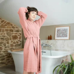 Peignoir de bain gaze de coton L/XL Gaïa Rose pêche