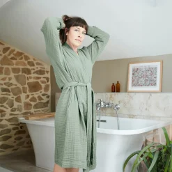 Peignoir de bain gaze de coton L/XL Gaïa Vert eucalyptus