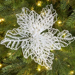 Poinsettia de Noël paillettes sur clip (D23 cm) Blanc