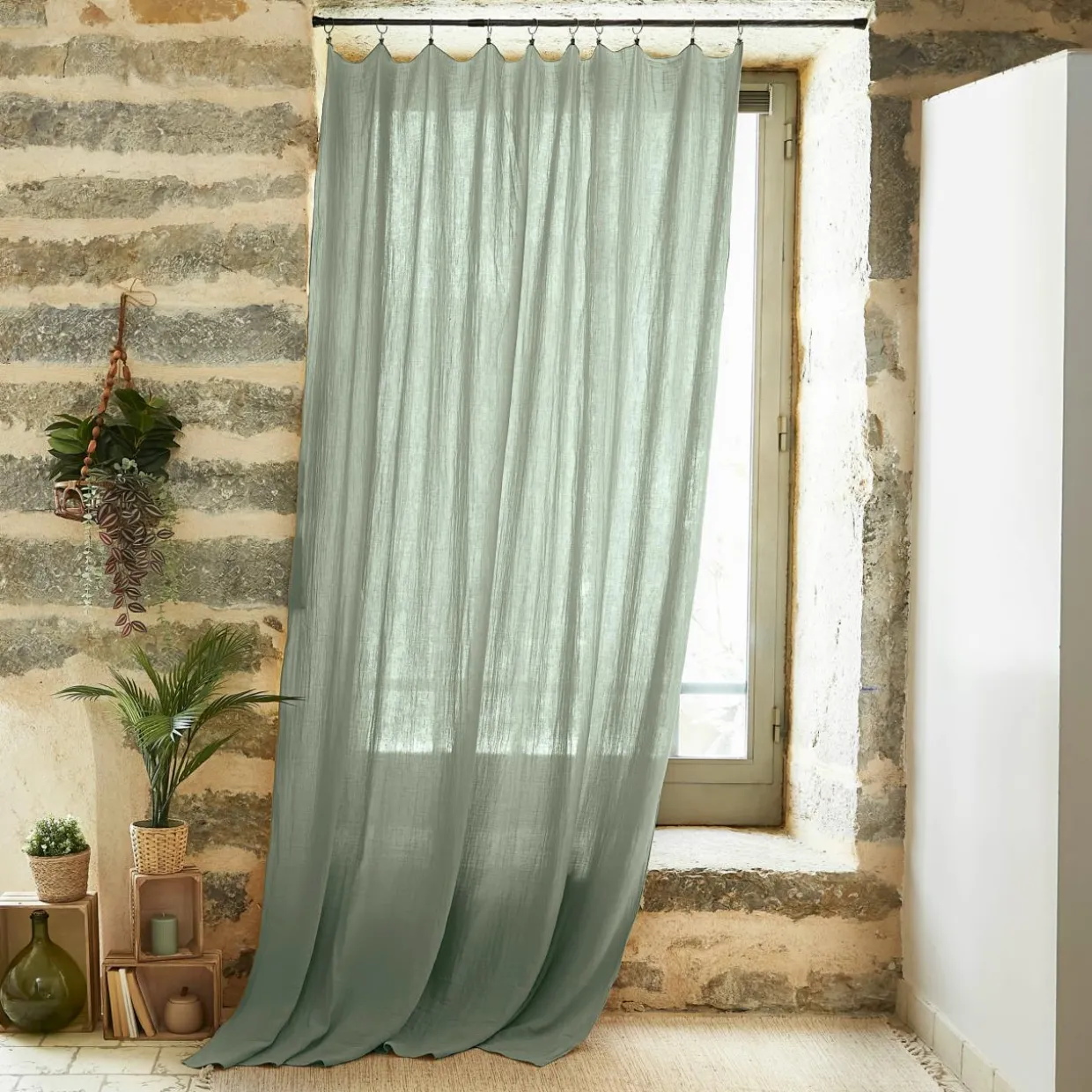 Rideau gaze de coton ajustable (140 x max 300 cm) Gaïa Vert eucalyptus